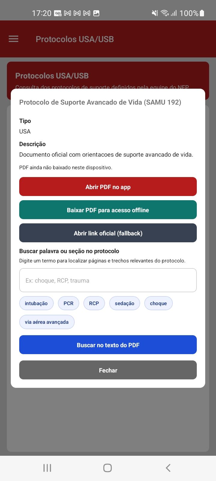 Consulta de protocolos clínicos com busca — app SAU 360 / SAMU 192