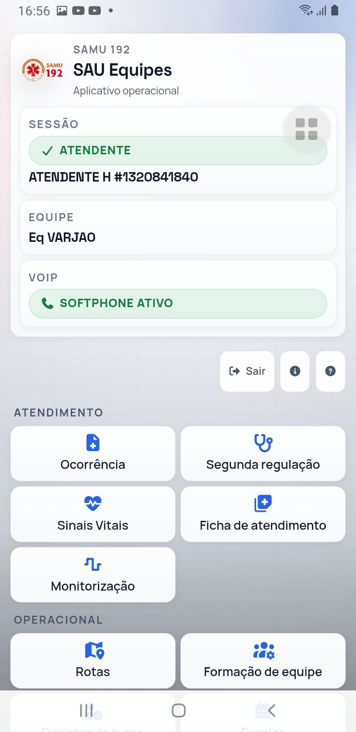 Painel da equipe com softphone ativo — app SAU 360 / SAMU 192