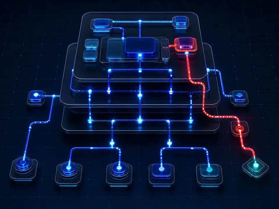 Arquitetura de aplicação em camadas com rotas de API analisadas e um caminho de risco isolado